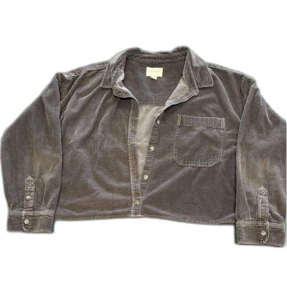 American Eagle Cropped Charcoal Grey Corduroy Button-Up